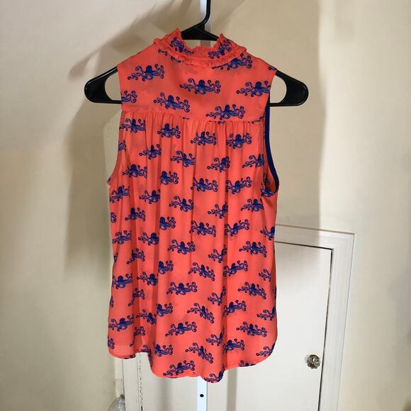 Anthropologie Maeve EUC Women's Orange Ruffle Sleeveless Octopus Blouse Size 2 - Picture 5 of 6